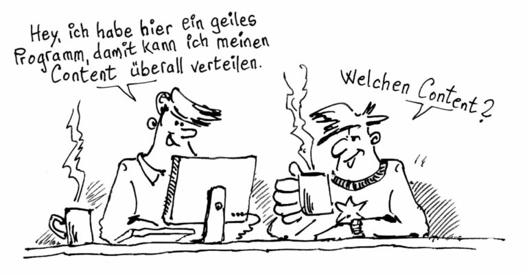 Karikatur in dem sich zwei Männer über Content Marketing unterhalten