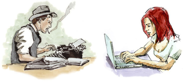Illustrationen für Content-Marketing und SEO Mann mit Schreibmaschine gegenüber Frau mit Laptop