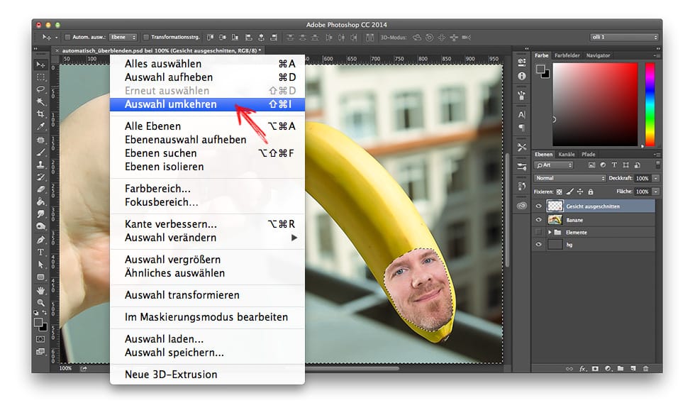 Beitragsbild Blog zum Thema PhotoShop | Bearbeitungsmodus, gemorphtes Bild eines Mitarbeiters auf eine Banane