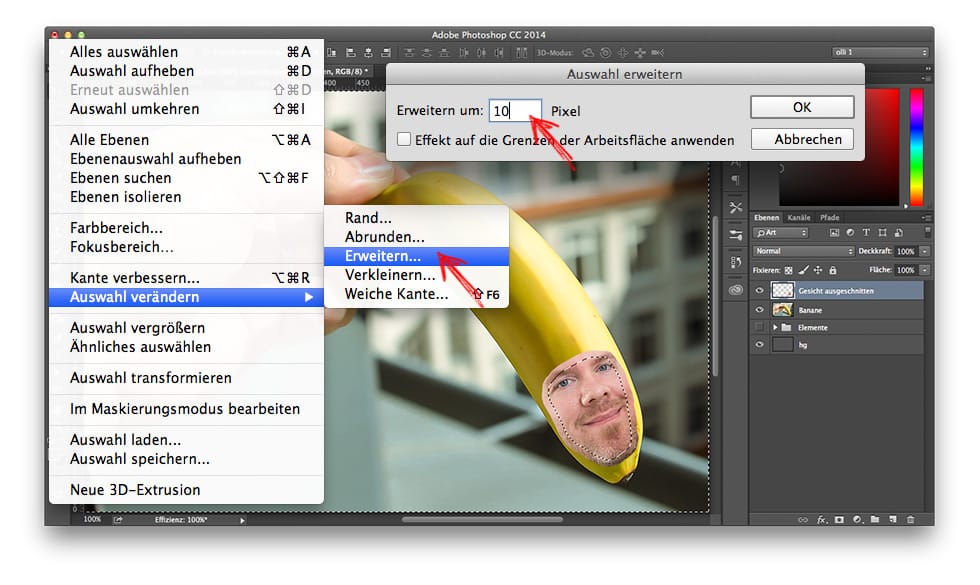 Beitragsbild Blog zum Thema PhotoShop | Bearbeitungsmodus, gemorphtes Bild eines Mitarbeiters auf eine Banane