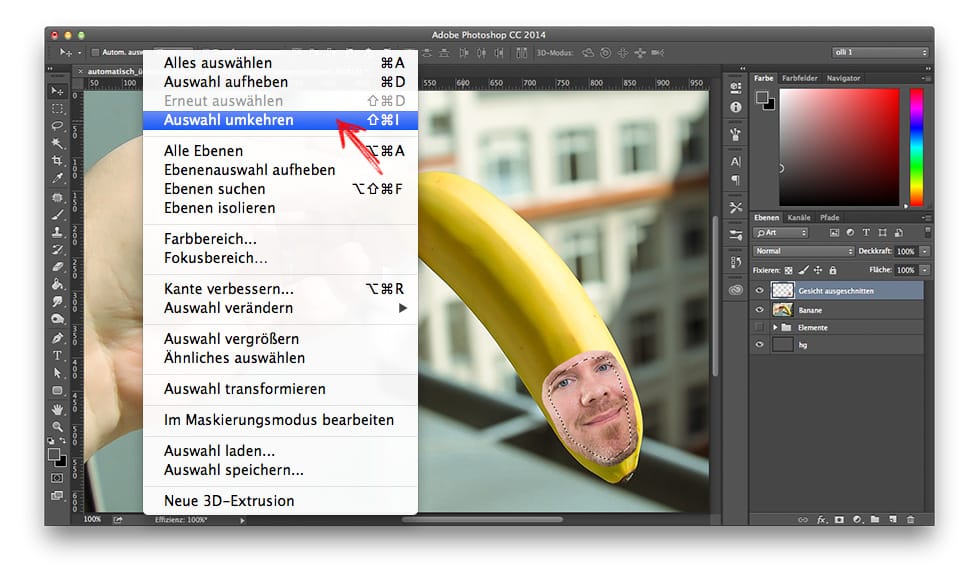 Beitragsbild Blog zum Thema PhotoShop | Bearbeitungsmodus, gemorphtes Bild eines Mitarbeiters auf eine Banane