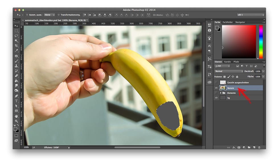 Beitragsbild Blog zum Thema PhotoShop | Bearbeitungsmodus, gemorphtes Bild eines Mitarbeiters auf eine Banane