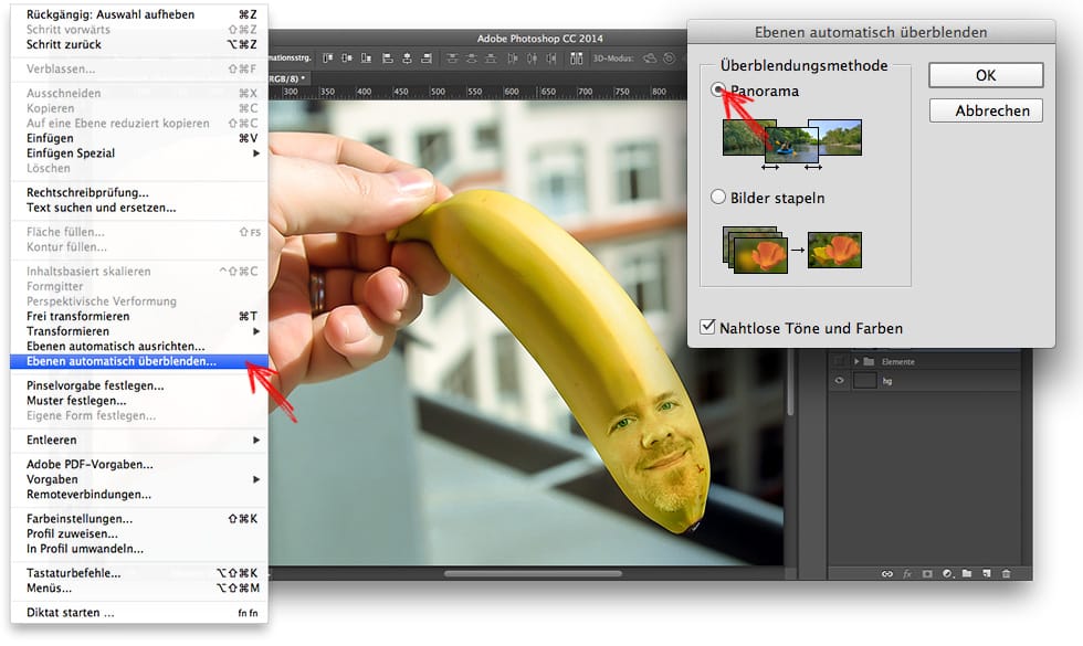 Beitragsbild Blog zum Thema PhotoShop | Bearbeitungsmodus, gemorphtes Bild eines Mitarbeiters auf eine Banane