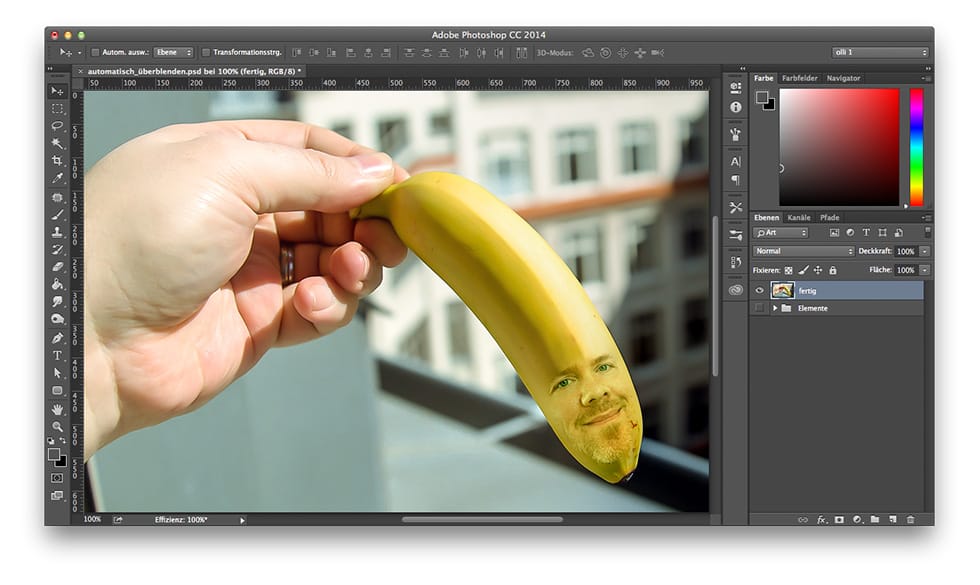 Beitragsbild Blog zum Thema PhotoShop | gemorphtes Bild eines Mitarbeiters auf eine Banane