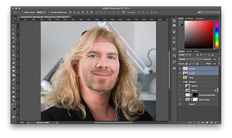 Beitragsbild Blog zum Thema PhotoShop | gemorphtes Bild zweier Mitarbeiter im Bearbeitungsmodus