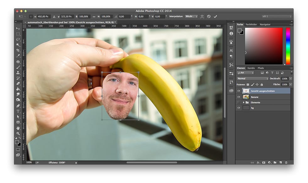 Beitragsbild Blog zum Thema PhotoShop | Bearbeitungsmodus, gemorphtes Bild eines Mitarbeiters auf eine Banane